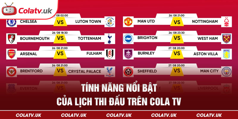 Các tính năng nổi bật của lịch thi đấu trên Colatv